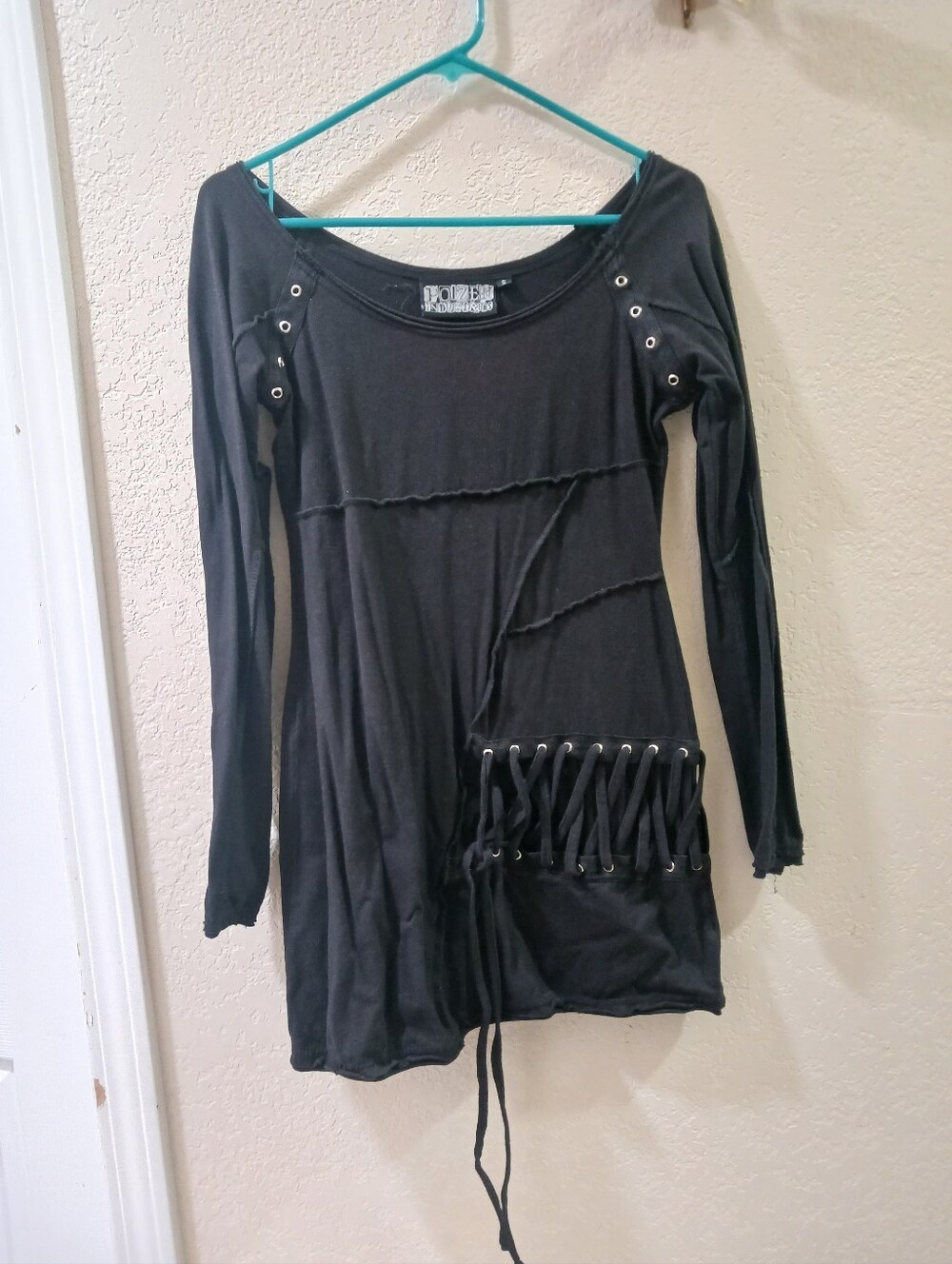 Poizen Industries Goth Emo Grommet Lace Up Long Sleeve Shirt Mini Dress